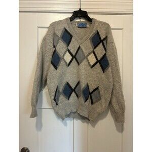 Koye Koy Gray Blue Argyle Angora V-neck Sweater Size 42 Vintage Large Fitted XL